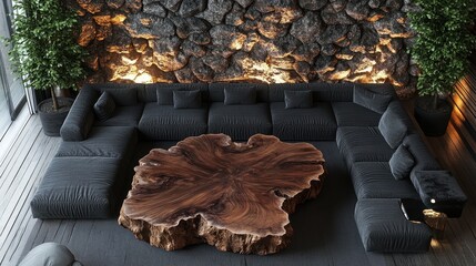 Aufkleber - Interior design showcasing a modern living room with a large sectional sofa and a unique wooden coffee table, top view