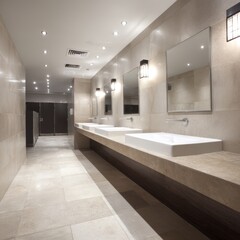 Aufkleber - Modern restroom interior design with sinks mirrors and lighting in neutral tones commercial bathroom perspective