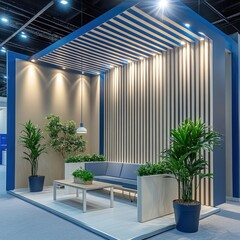 Aufkleber - Modern Trade Show Booth Design with Blue Accents and Green Plants Interior Display at Convention Center