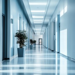 Poster - Long hospital hallway perspective with potted plants and bright lighting modern architecture interior design
