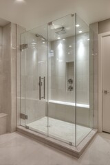 Poster - Modern walk-in shower with glass enclosure and marble tile in luxury bathroom interior design renovation project