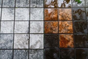 Aufkleber - Wet and Dry Concrete Pavers Forming a Patterned Surface View from Above on a Rainy Day in the City