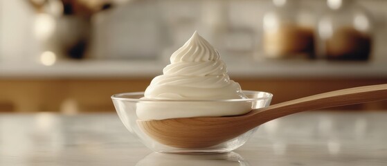 Aufkleber - Close-up of Whipped Cream in Glass Bowl on Wooden Spoon Kitchen Countertop Creamy Dessert Food Photography