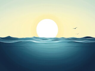 Poster - Ocean waves at sunrise with birds flying above the water surface in a stylized vector illustration