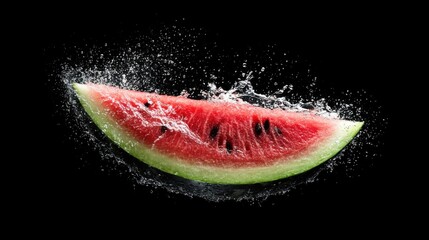 Aufkleber - Watermelon Slice Splash on Black Background Close-up Studio Shot Refreshing Summer Fruit Healthy Food Still Life