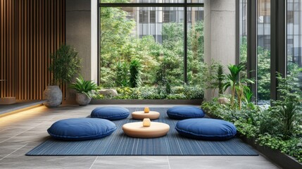 Fototapete - Modern Zen Space with Blue Cushions and Lush Greenery by Window in Minimalist Design