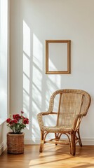 Aufkleber - Wicker Chair and Red Flowers in a Bright Room Interior Design Still Life Close Up with Empty Picture Frame