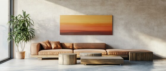 Poster - Interior Design of Modern Living Room with Sofa and Wooden Tables in Minimalist Style with Plant and Painting