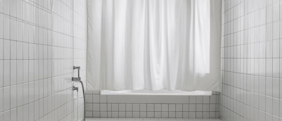 Leinwandbilder - Minimalist Bathroom Interior with White Tiles and Shower Curtain Clean Aesthetic Design