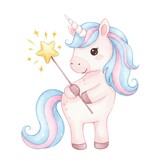 Cute cartoon unicorn with pastel colors holds a magic wand surrounded by sparkling stars.