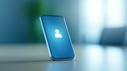 Fototapete - Smartphone standing upright on surface displaying glowing white person icon on blue screen likely representing contact or user profile