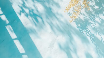 Fototapete - Teal Textured Surface with Leaf Shadows and Gold Accents