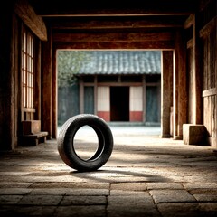 Poster - An Unexpected Tire: Juxtaposition in an Asian-Style Courtyard, with Traditional Architecture and Stone Pavement.
