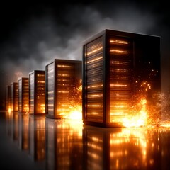 Fototapete - Data Center Inferno: Servers Ablaze in Digital Destruction with Reflective Floor and Dark Moody Sky