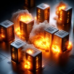 Poster - Data Center Disaster: Server Racks Engulfed in Flames and Smoke, Outage and Crisis in the Digital Realm.