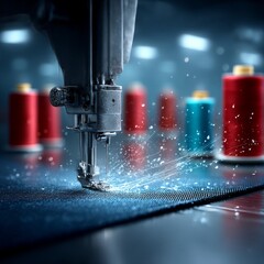 Poster - Sewing Machine Stitching Fabric with Precision and Sparks, Thread Spools in Background, Industrial Automation, Craftsmanship