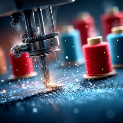 Aufkleber - Sewing Machine Close-Up: Crafting Denim Dreams with Colorful Threads, Capturing the Art of Tailoring and Precision Stitching.