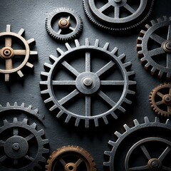 Poster - Steampunk Gears: A Detailed View of Interlocking Cogs on a Dark Textured Background Showcasing Precision and Mechanical Detail