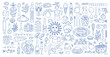 © Stacy Draw - Hand drawn doodle mediterranean set with Italian food, ingredients and kitchen utensils in blue line style. Dolce vita Italian icon elements
