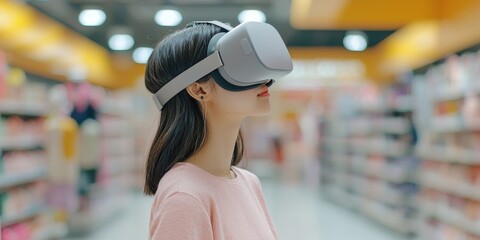 Aufkleber - A young woman wearing a VR headset stands in a brightly lit store aisle, immersed in virtual reality.