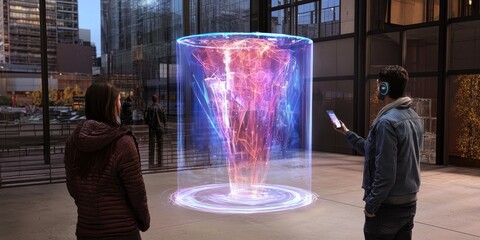 Poster - Two people interact with a large, colorful hologram in an urban, modern setting.