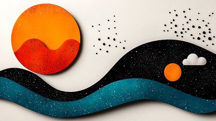 Poster - Abstract Layered Landscape with Sunset and Waves