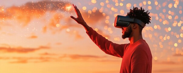 Poster - A man wearing virtual reality goggles interacts with glowing lights in a sunset setting, embodying futuristic technology and imagination.
