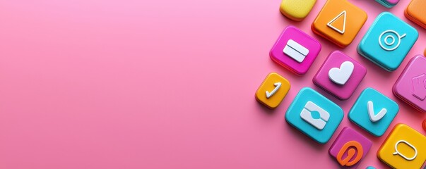 Poster - Colorful, 3D app icons with various symbols are arranged on a pastel pink background, creating a playful and modern digital theme.