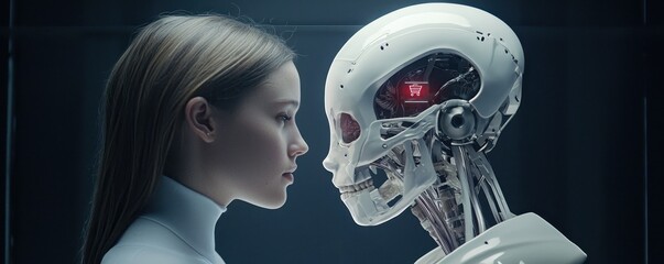 Aufkleber - A woman and a humanoid robot face each other closely, highlighting the connection and contrast between human and artificial intelligence.