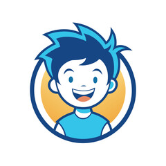 Poster - Vector illustration of a smiling boy with stylish hair in a circular frame, featuring a vibrant teal background and simple design elements for use in various graphic applications