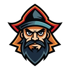 Fototapete - Bold pirate mascot vector illustration featuring a fierce captain with a distinct cap and rebellious expression on a bright blue background