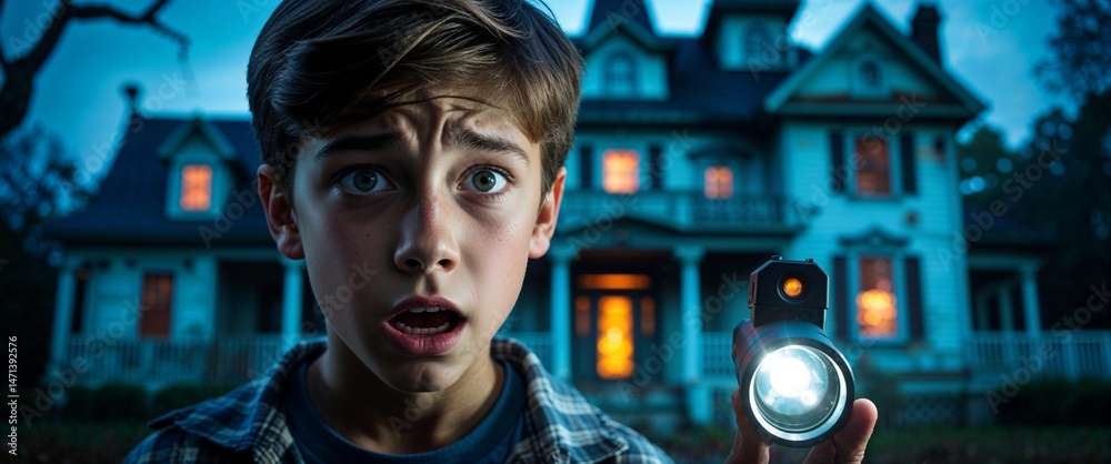 Illustration Stock Fearful teenage boy holding a flashlight on a ...