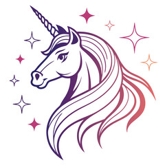 Aufkleber - Elegant unicorn logo vector illustration featuring a detailed mane and spiraled horn designed with vibrant gradients in a simple yet striking style