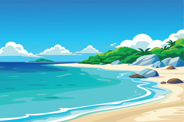 Poster - Beautiful beach landscape with clear blue water and lush greenery under a bright sky