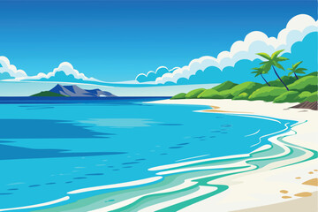 Poster - Beautiful beach landscape with clear blue water and lush greenery under a bright sky
