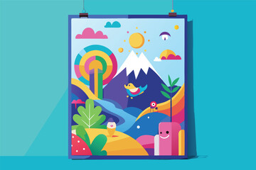 Poster - Colorful vector illustration showcasing a vibrant landscape with a rainbow, sun, and whimsical elements, perfect for creative projects and outdoor themes