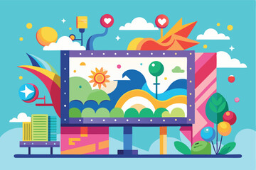 Leinwandbilder - Colorful vector illustration of a digital billboard surrounded by vibrant flowers and shapes, showcasing abstract design against a bright blue background