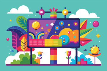Poster - Colorful vector illustration of a digital billboard surrounded by vibrant flowers and shapes, showcasing abstract design against a bright blue background