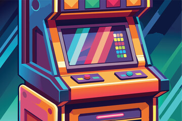 Aufkleber - Colorful retro arcade machine vector design featuring buttons and a screen against a vibrant cosmic background