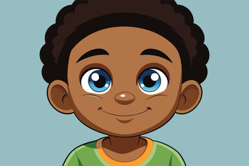 Poster - Vector illustration of a cheerful young boy with bright green eyes and curly hair wearing a sleeveless shirt against a soft colored background