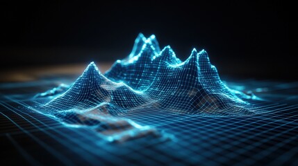 Poster - Digital mountain range formed by glowing blue data points creating abstract topographic landscape visualization.