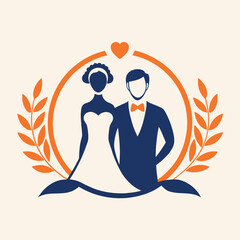 Poster - Elegant wedding logo design featuring stylish couple with floral accents and heart symbol in vector clipart format for celebration and event planning