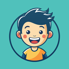 Poster - Vector illustration of a smiling boy with stylish hair in a circular frame, featuring a vibrant teal background and simple design elements for use in various graphic applications