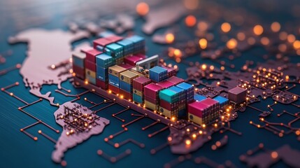 Poster - Colorful shipping containers sit atop digital world map depicting global trade and transportation network.