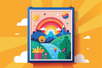 Poster - Colorful vector illustration showcasing a vibrant landscape with a rainbow, sun, and whimsical elements, perfect for creative projects and outdoor themes