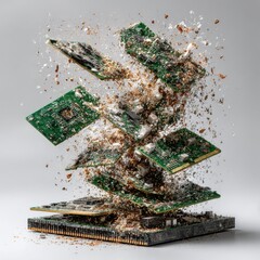 Fototapete - Deconstructed Tech: An Exploded View of Circuit Boards and Components Suspended Mid-Air, Highlighting Fragmentation.