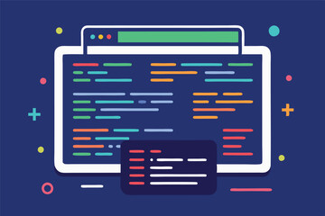 Poster - Vector illustration of a web browser displaying colorful code snippets on a dark background with abstract shapes and graphics