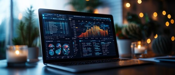 Poster - an open laptop displaying complex data analytics and charts rests on a desk in a cozy room.