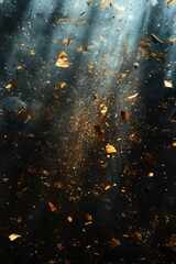 Poster - Golden confetti explosion on dark background abstract art photography for celebration and festive occasions with light rays and dust particles