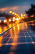 © Tam5 - Solar Panel Reflecting City Lights at Dusk Close Up Shot of Renewable Energy Source in Urban Setting